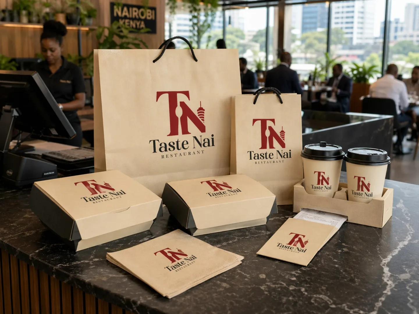 Branded Taste Nai kraft bags, boxes and cups packed on the counter