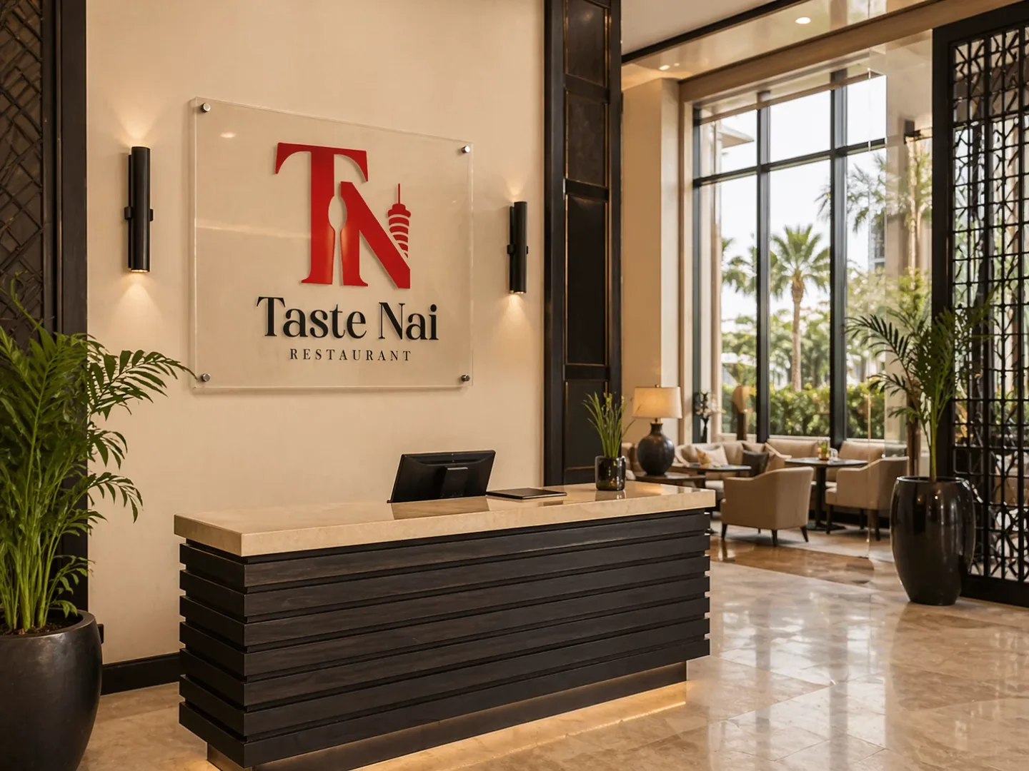 The Taste Nai monogram mounted on the dining room wall at 689 Place Mall, Karen