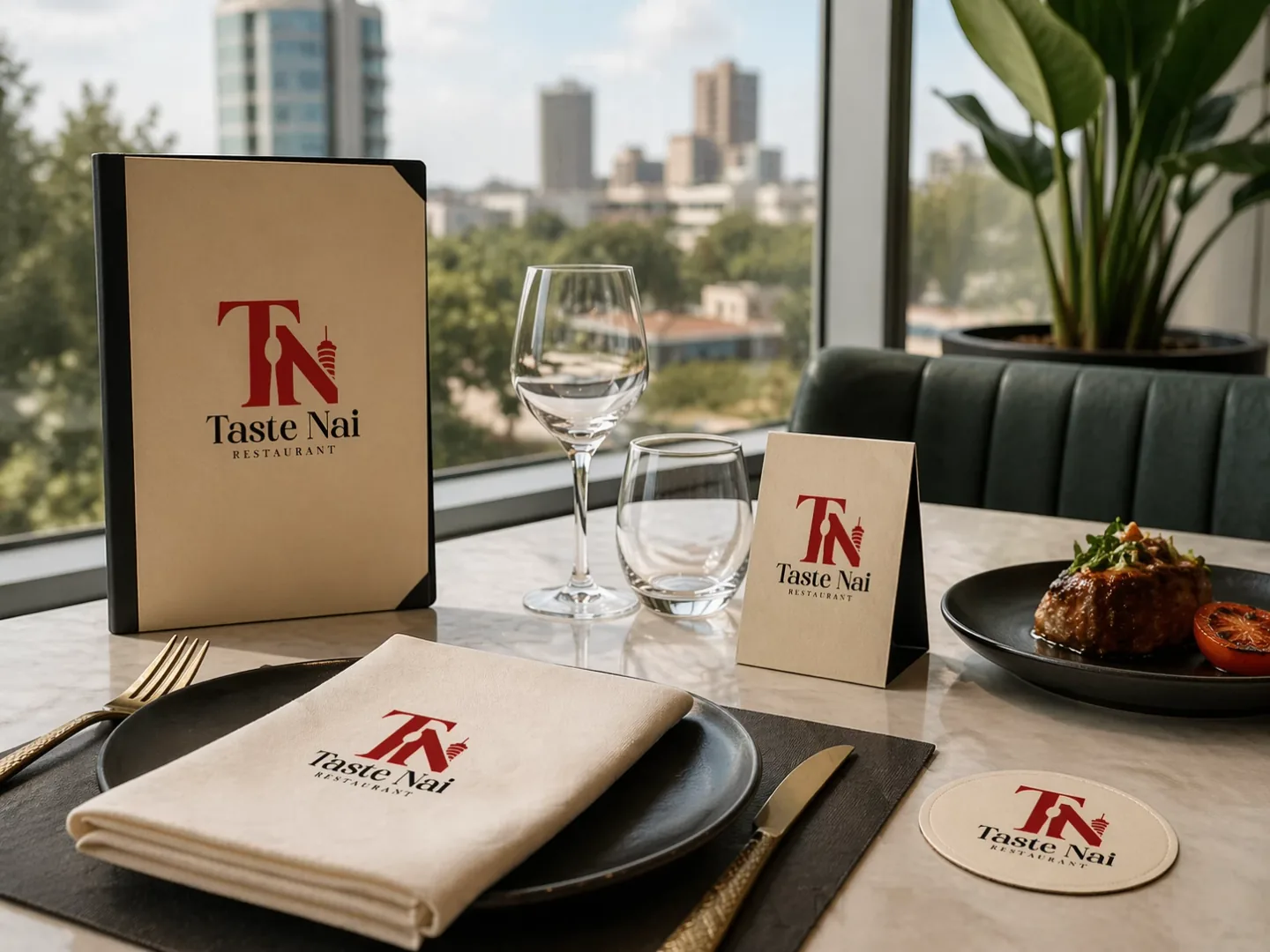 A laid table at Taste Nai with branded napkin and menu card, the Nairobi skyline beyond the window
