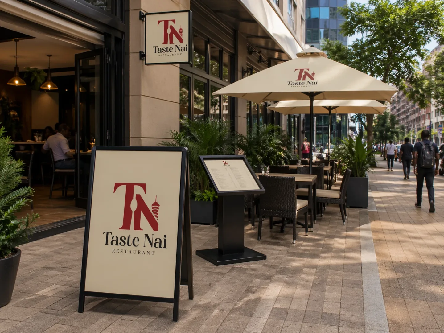 Pavement seating under branded Taste Nai umbrellas outside the restaurant